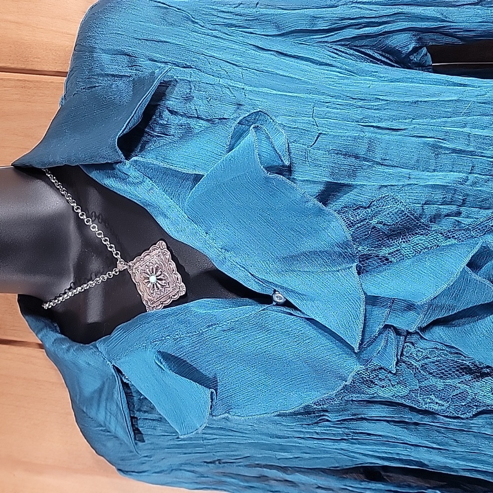 Marshall Rousso Teal Ruffle Button Down Blouse